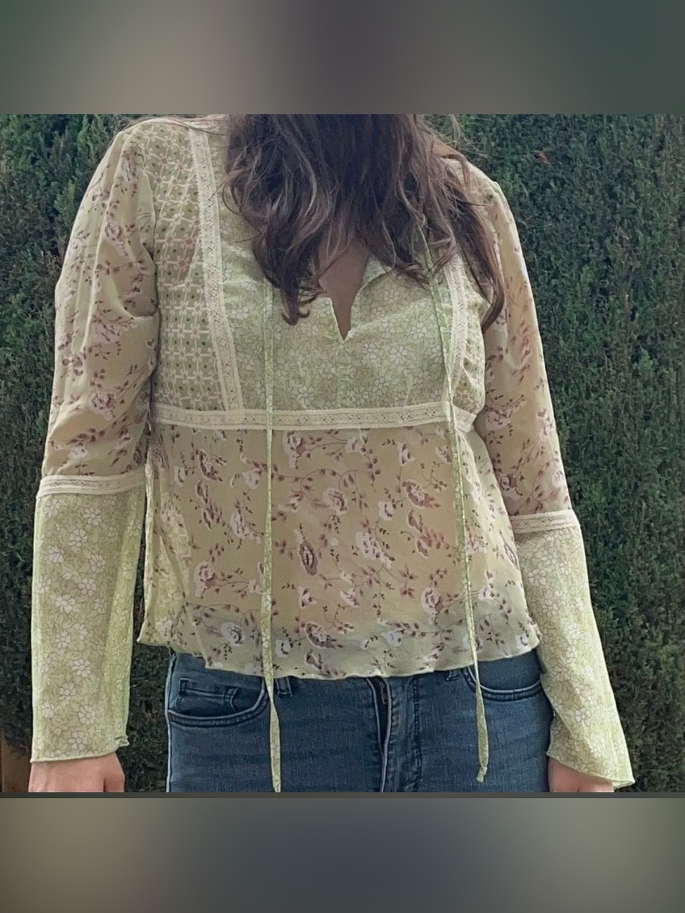 Floral Bell Sleeve Top Dainty Lace Detail Boho Semi Sheer Patchwork Flowy Medium